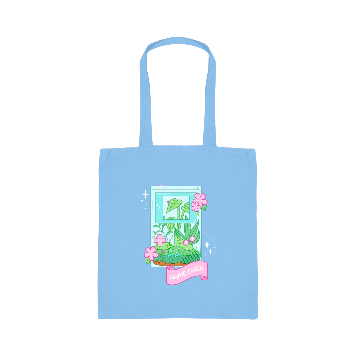 Light blue tote bag with a colorful design on a white background