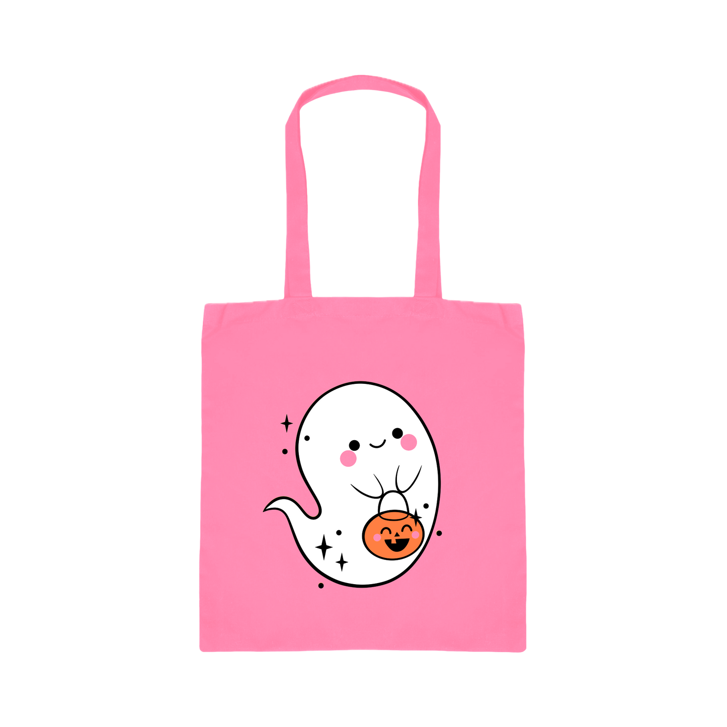 Pink tote bag with a cute ghost design holding a pumpkin on a white background