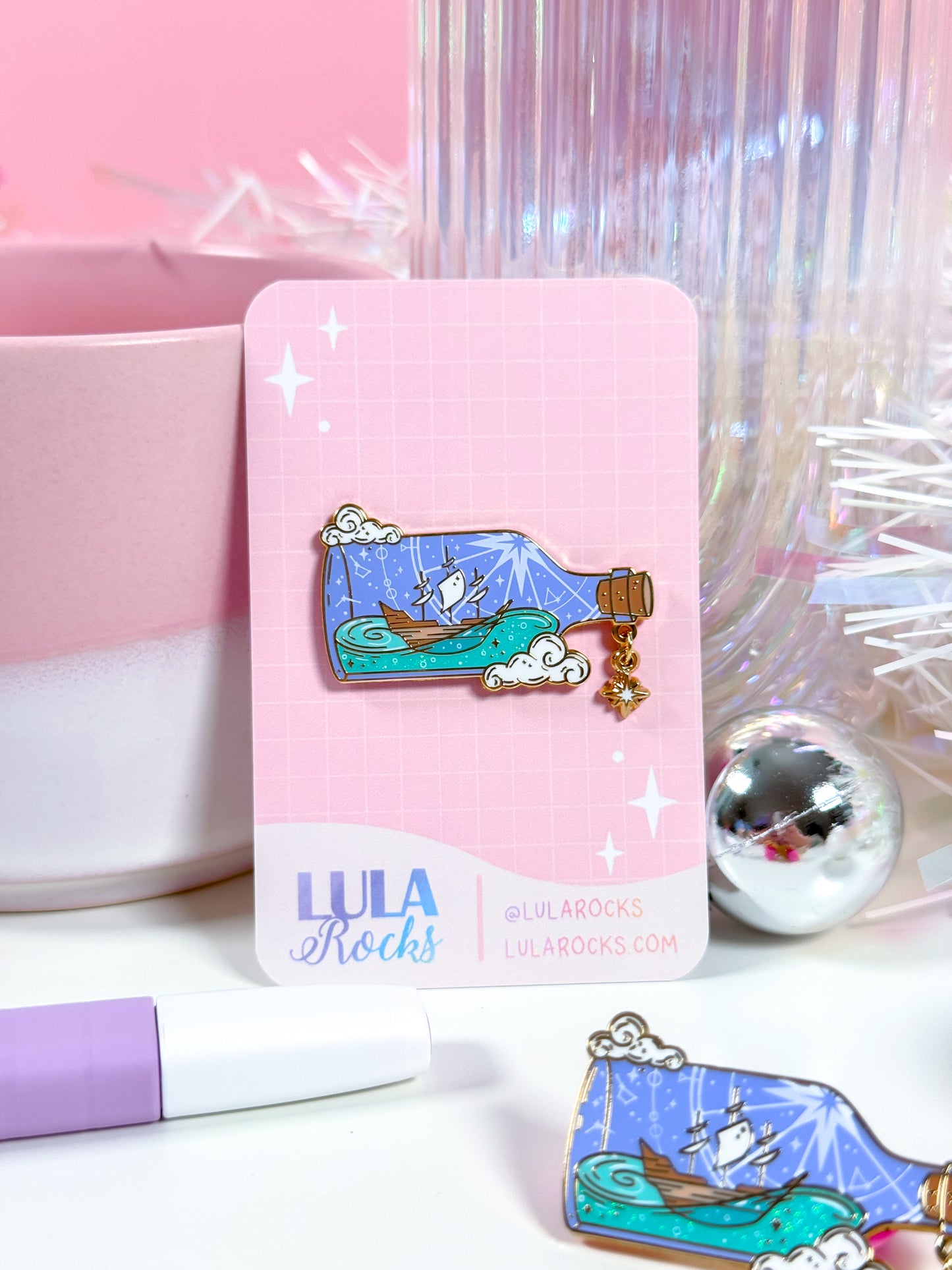 Ship in a Bottle enamel pin with glitter and mini dangle charm, gold plated