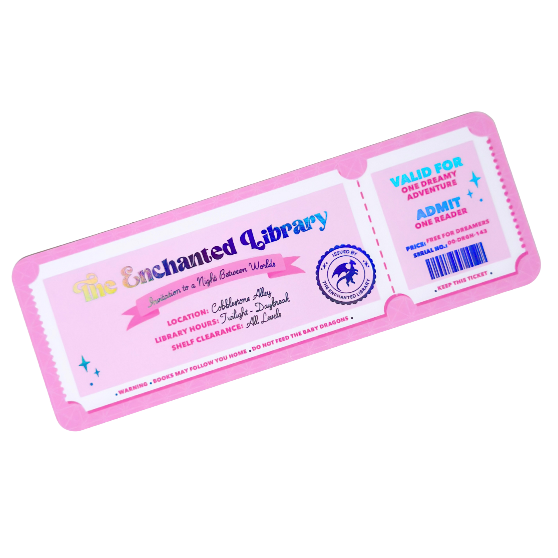 Pink ticket-style book with 'The Enchanted Library' branding on a white background