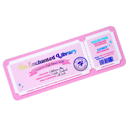 Pink ticket-style book with 'The Enchanted Library' branding on a white background