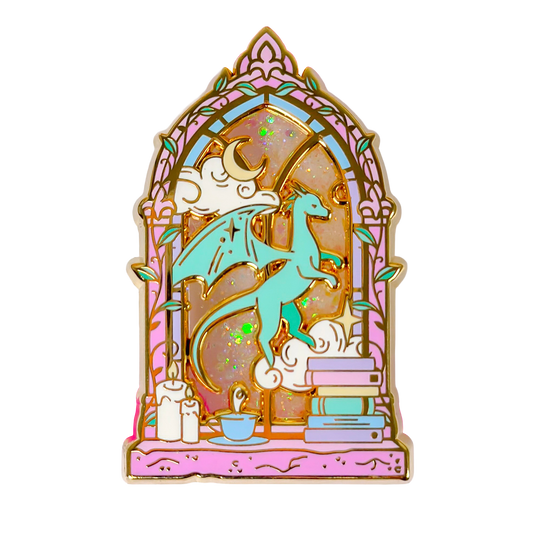 library window dragon liquid glitter enamel pin