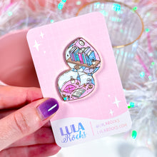 Load image into Gallery viewer, Vintage Polly Pocket-inspired Pocket Library enamel pin with pink rubber backs