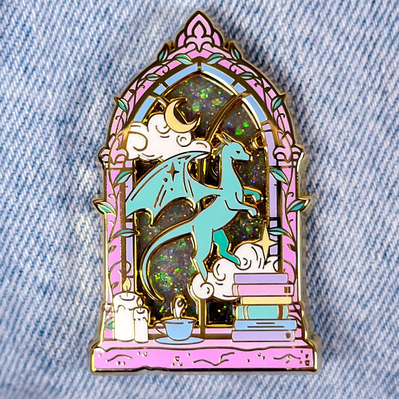 pastel dragon book lover enamel pin
