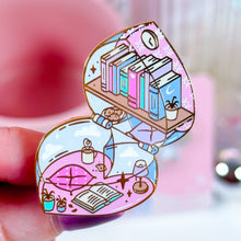 Load image into Gallery viewer, Mini library enamel pin featuring books, cookies, and plants, 90s nostalgia design