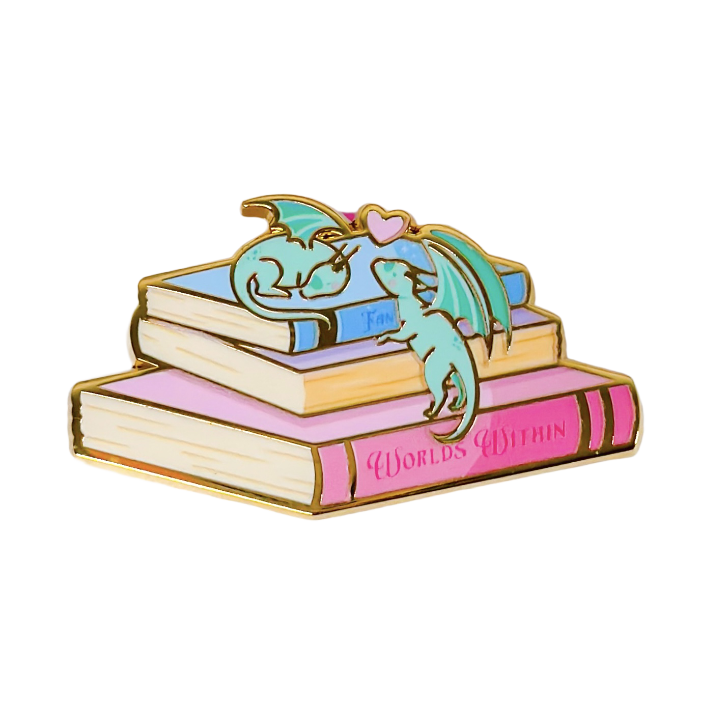 Pin with dragons on books titled 'Worlds Within' on a white background