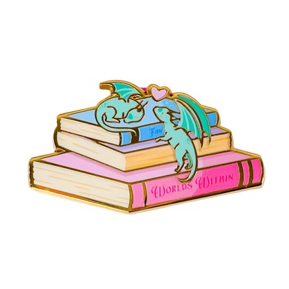 Pin with dragons on books titled 'Worlds Within' on a white background