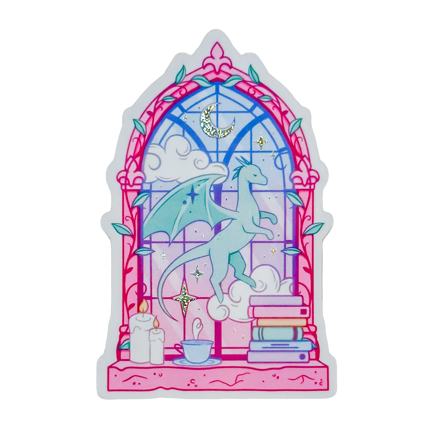 Sticker with dragons, books, and a window design on a white background