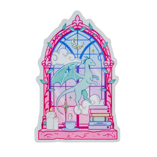 Sticker with dragons, books, and a window design on a white background