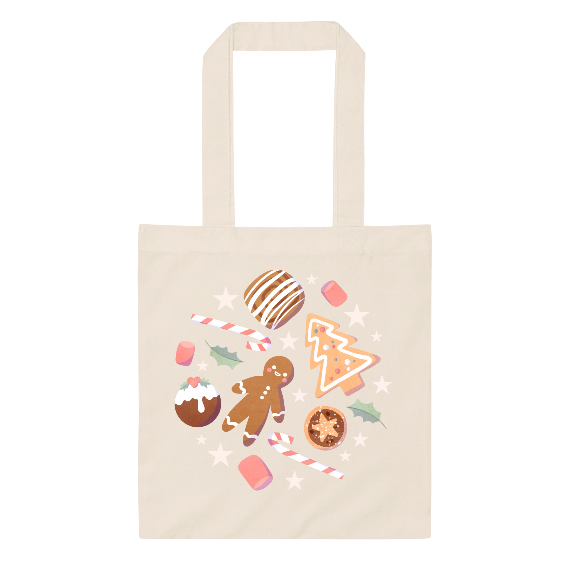 Festive Treats Tote Bag featuring gingerbread biscuits and Christmas candy design