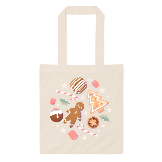 Festive Treats Tote Bag featuring gingerbread biscuits and Christmas candy design