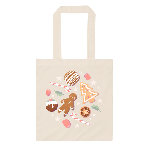 Festive Treats Tote Bag featuring gingerbread biscuits and Christmas candy design