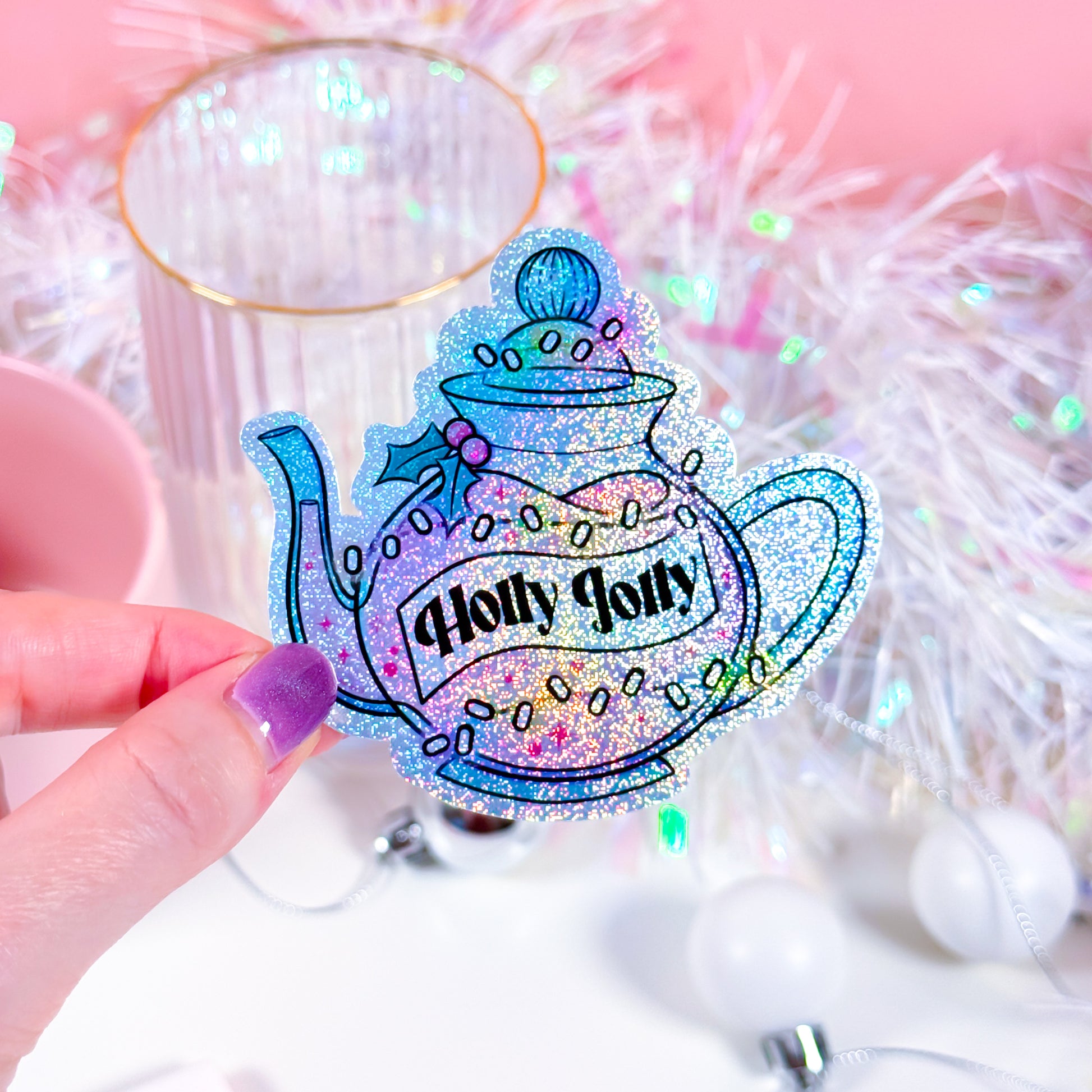 Festive teapot sticker with glittery vinyl, perfect for tea lovers and sticker collectors