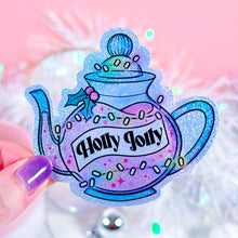 Load image into Gallery viewer, Holly Jolly Brew Potion holographic glitter sticker with festive teapot design