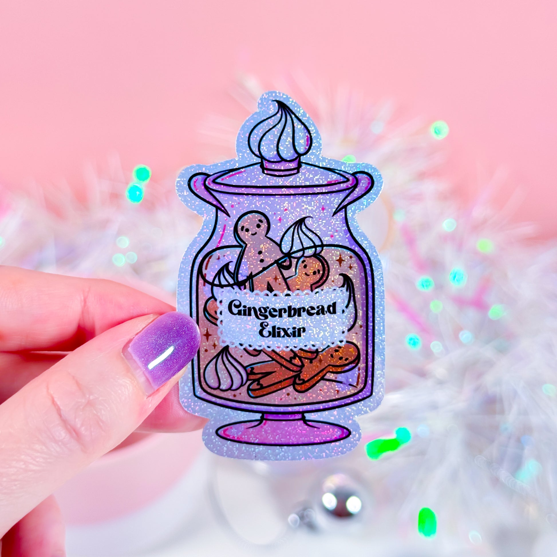 Festive gingerbread potion sticker with holographic glitter, 7cm in size