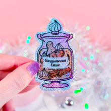 Load image into Gallery viewer, Gingerbread Elixir Potion holographic glitter sticker with festive gingerbread design