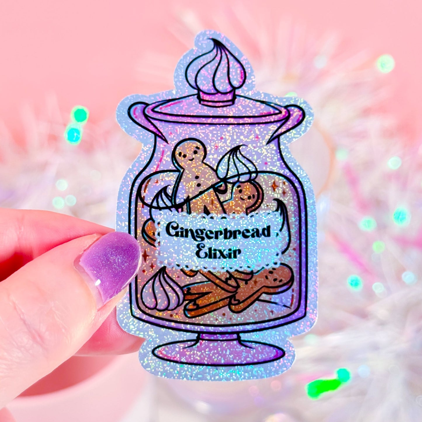 Close-up of Gingerbread Elixir Potion glitter sticker, glossy vinyl with sparkling details