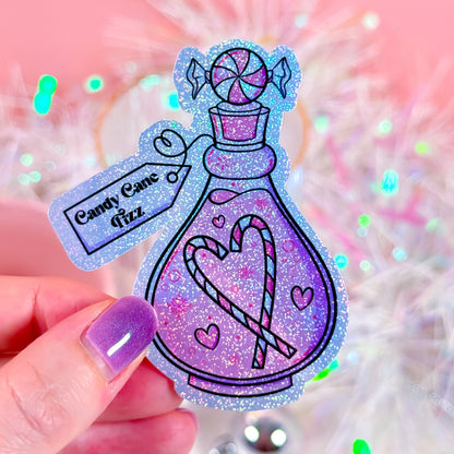 Candy Cane Fizz Potion holographic glitter sticker with festive candy cane design