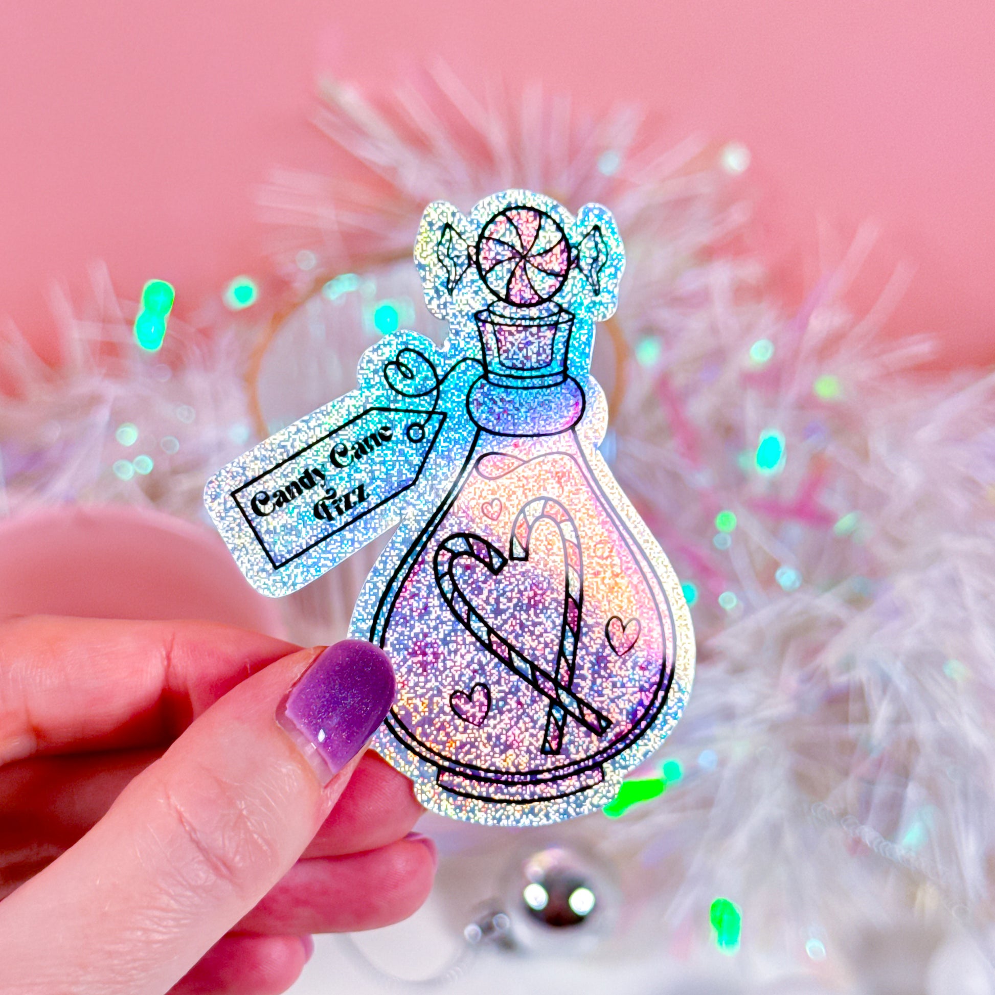 Festive Candy Cane Fizz Potion sticker with holographic glitter, 7cm in size