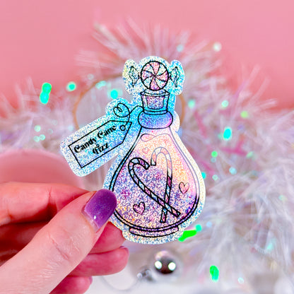 Festive Candy Cane Fizz Potion sticker with holographic glitter, 7cm in size