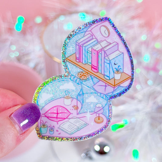 Pocket Library holographic glitter sticker with 90s-inspired design, featuring books, coffee, and cookies