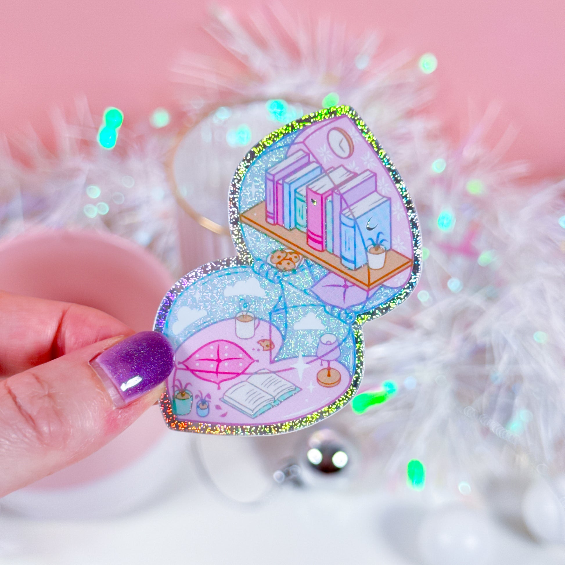 Close-up of holographic glitter sticker, inspired by Polly Pocket and mini library design