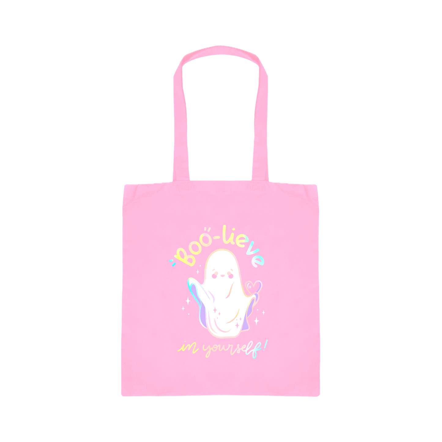 Pink tote bag with a ghost illustration and text on a white background