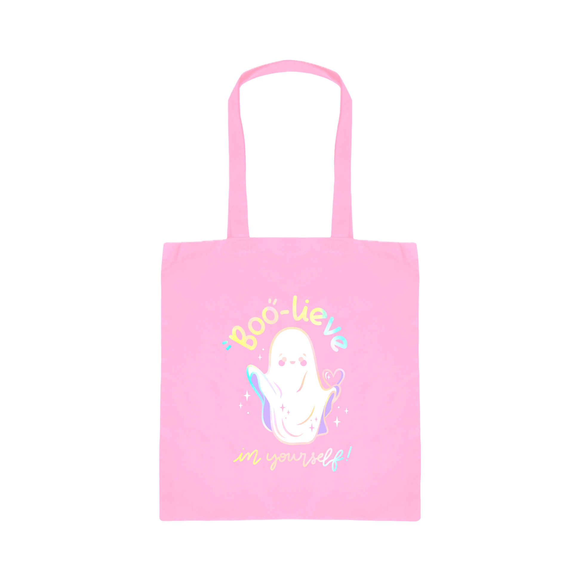 Pink tote bag with a ghost illustration and text on a white background