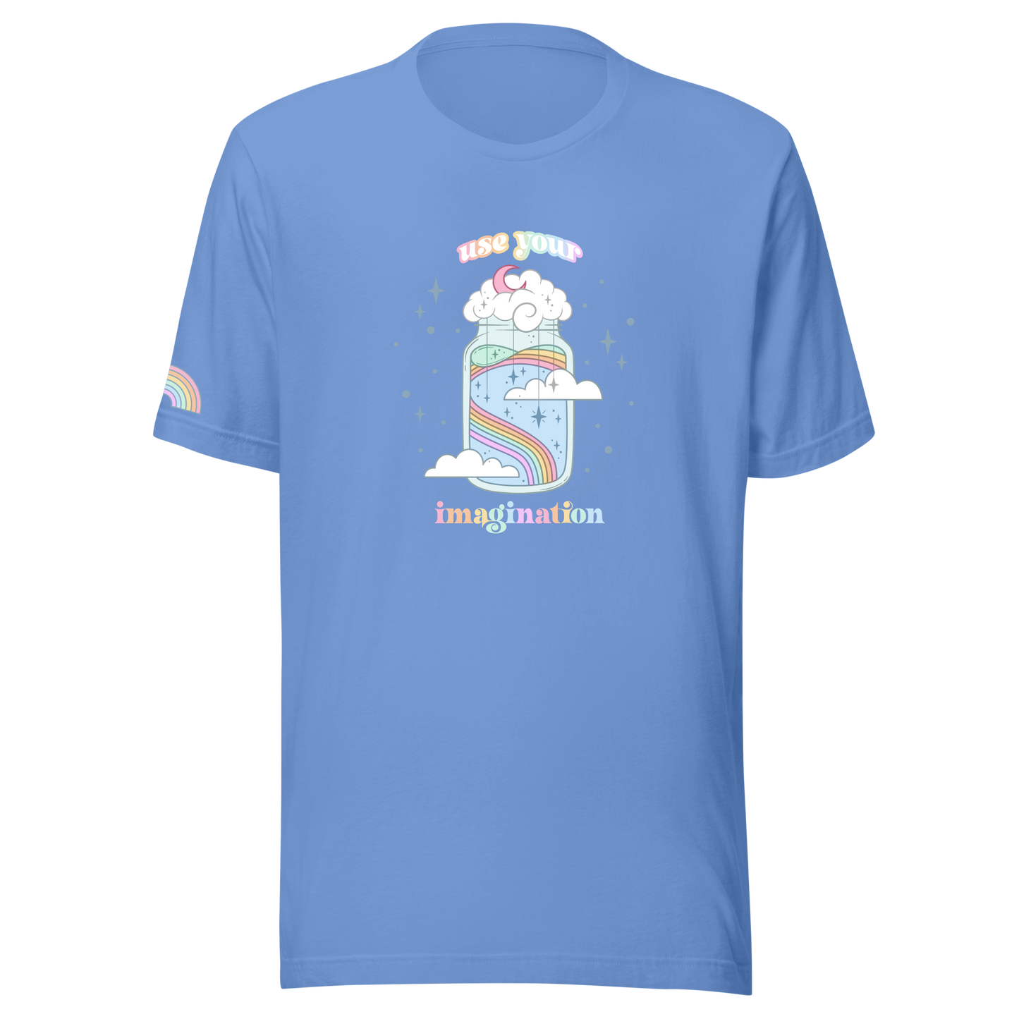 Blue t-shirt with a colorful graphic and text on a white background