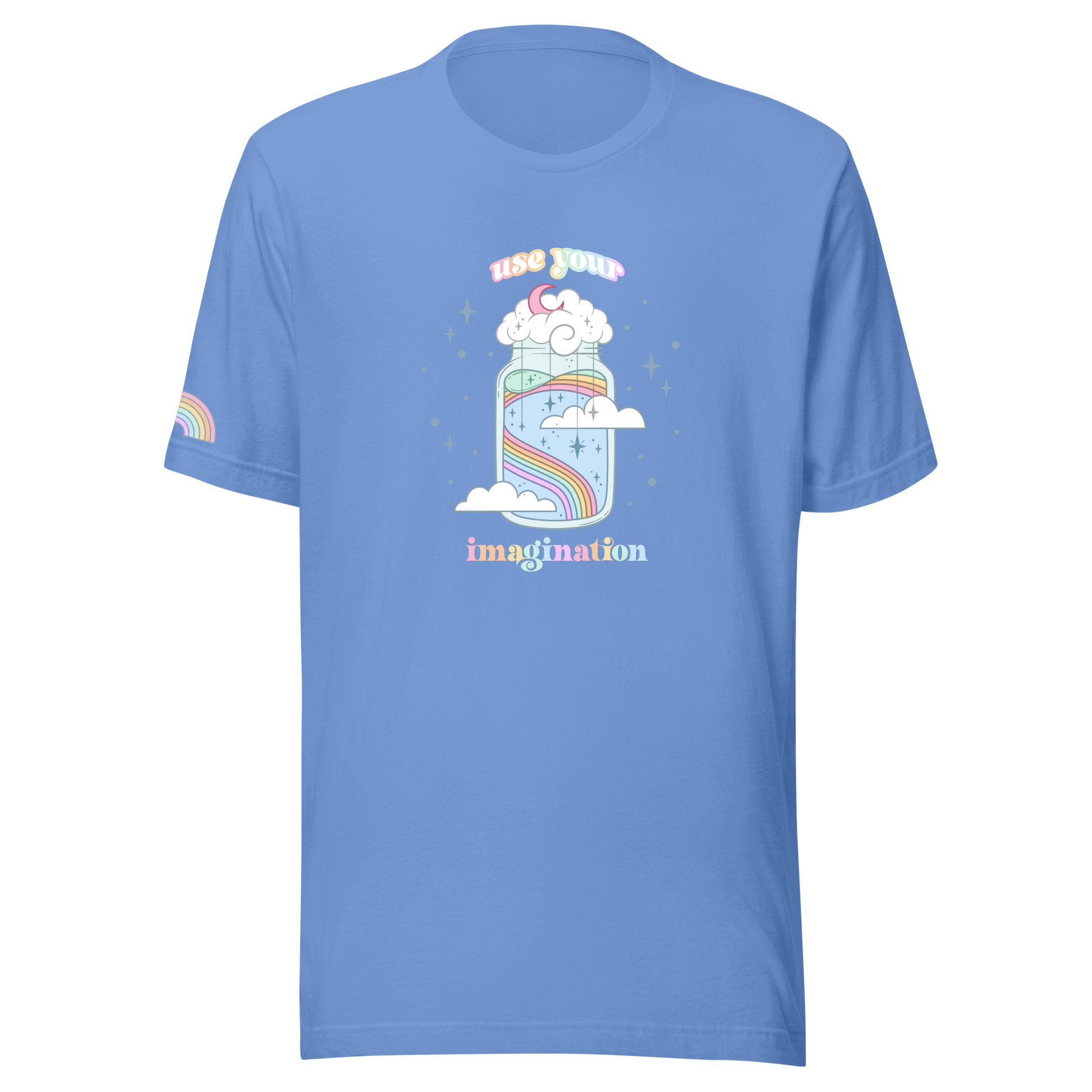 Blue t-shirt with a colorful graphic and text on a white background