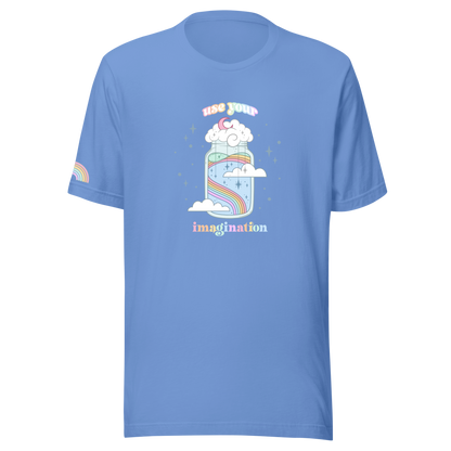 Blue t-shirt with a colorful graphic and text on a white background