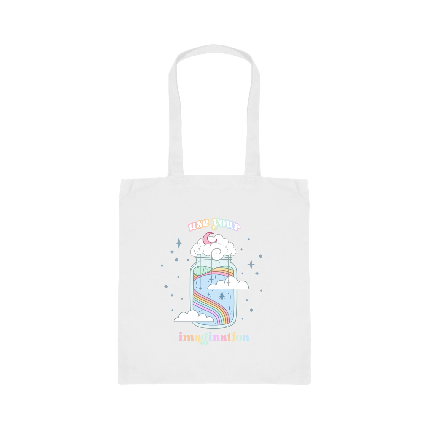White tote bag with colorful rainbow jar design on a white background