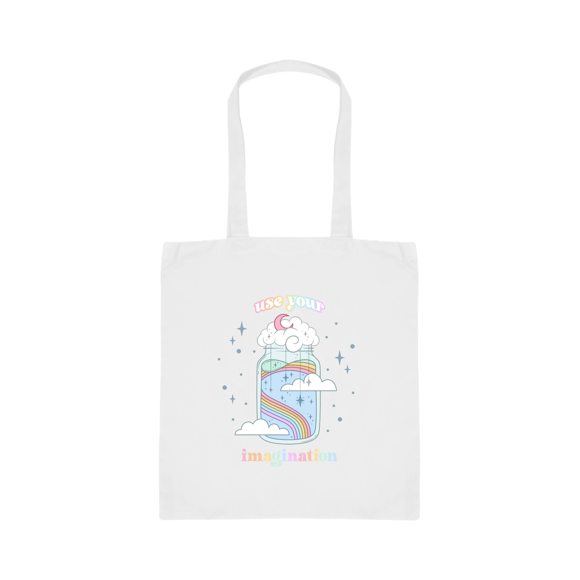 White tote bag with colorful rainbow jar design on a white background