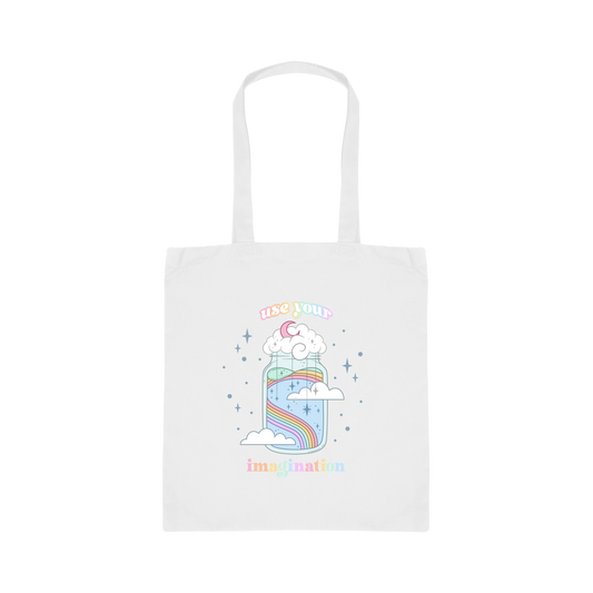 White tote bag with colorful rainbow jar design on a white background