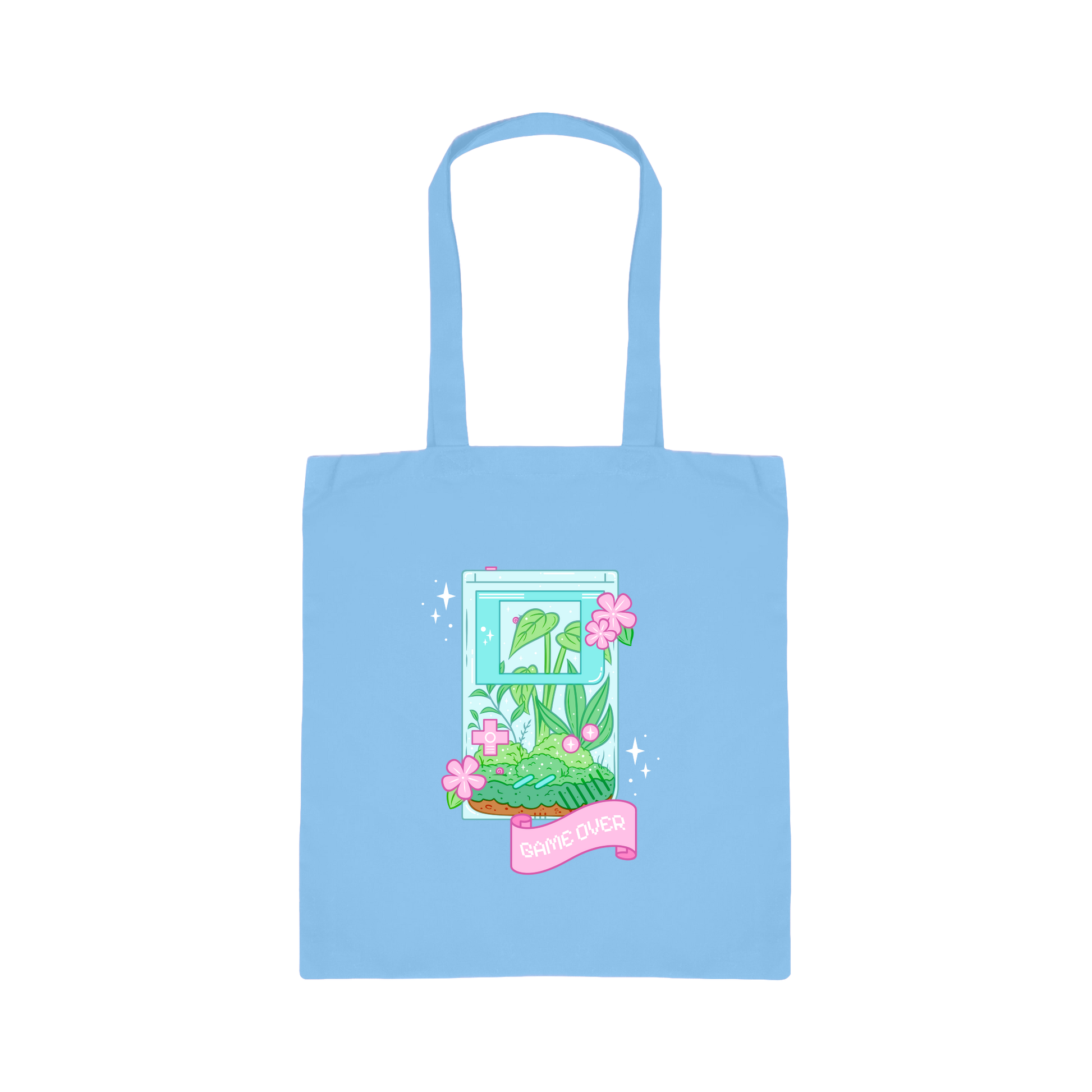 Light blue tote bag with a colorful design on a white background