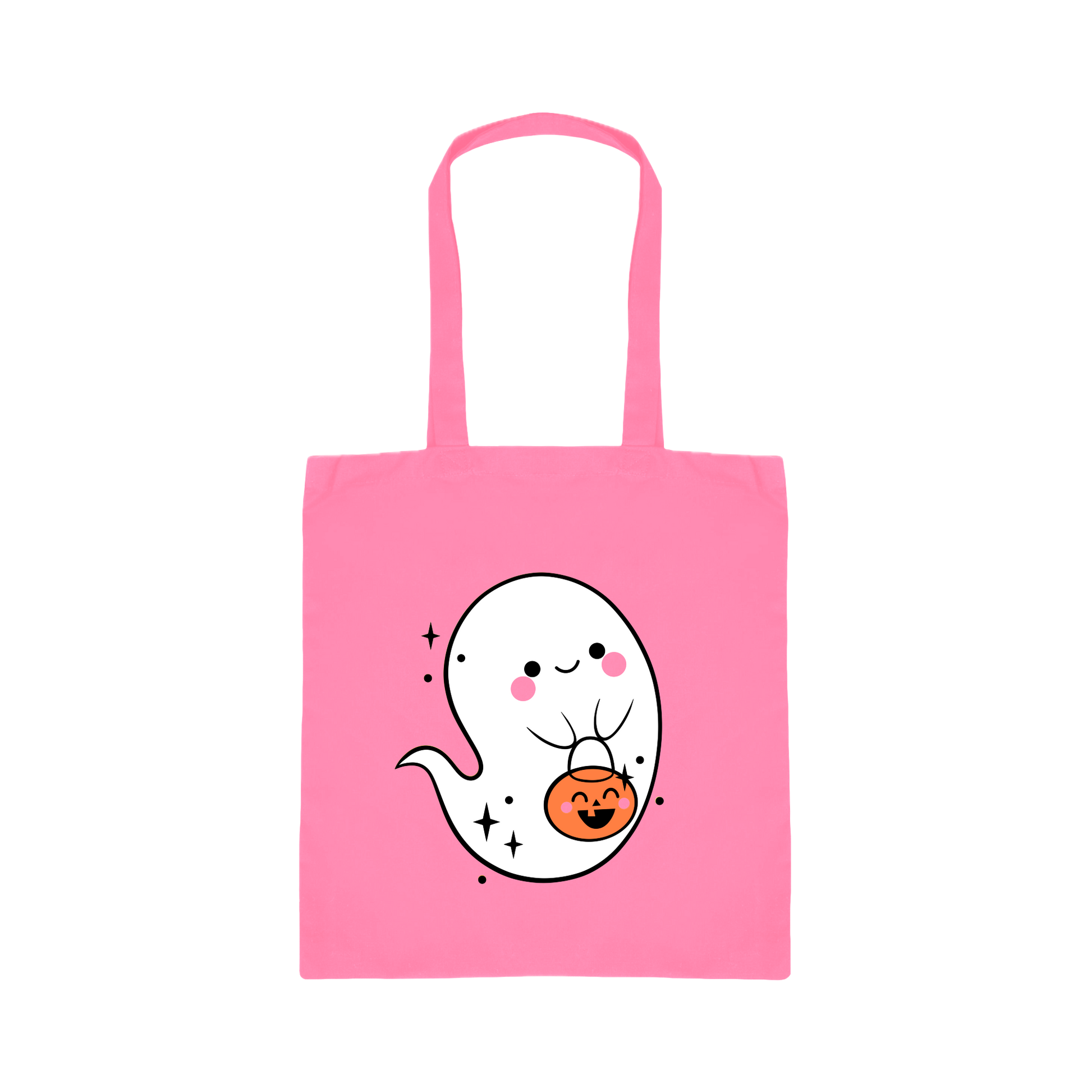 Pink tote bag with a cute ghost design holding a pumpkin on a white background