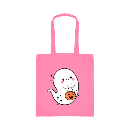 Pink tote bag with a cute ghost design holding a pumpkin on a white background