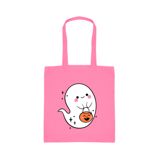 Pink tote bag with a cute ghost design holding a pumpkin on a white background