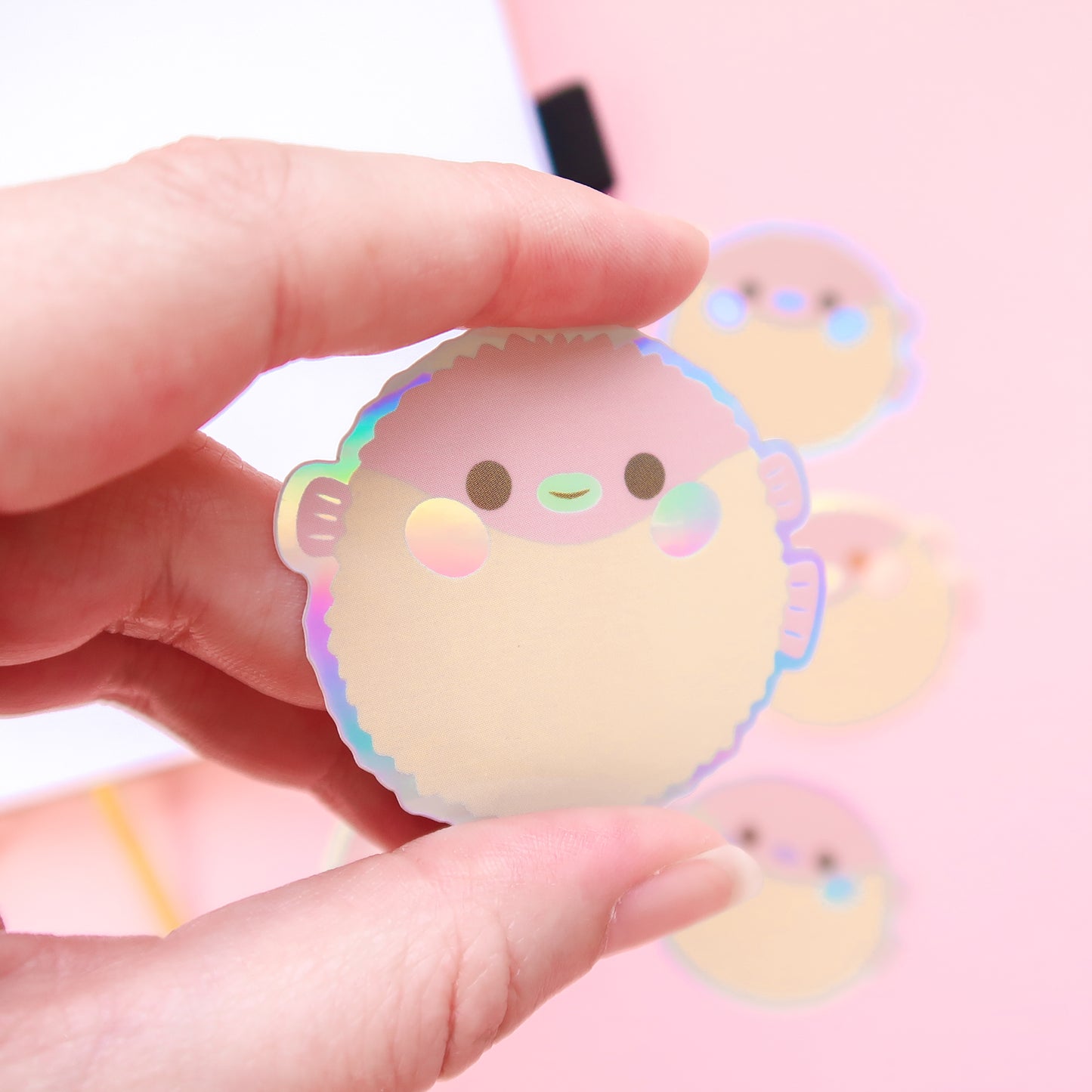 Pink Puffer Fish Holographic Sticker